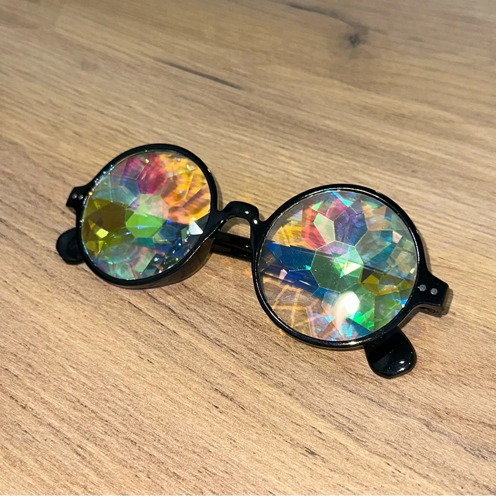 NWT black crystal kaleidoscopic refractive glasses rave PLUR festival - Picture 3 of 5